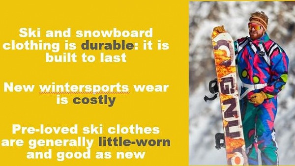 text and image of snowboarder in vintage ski suit